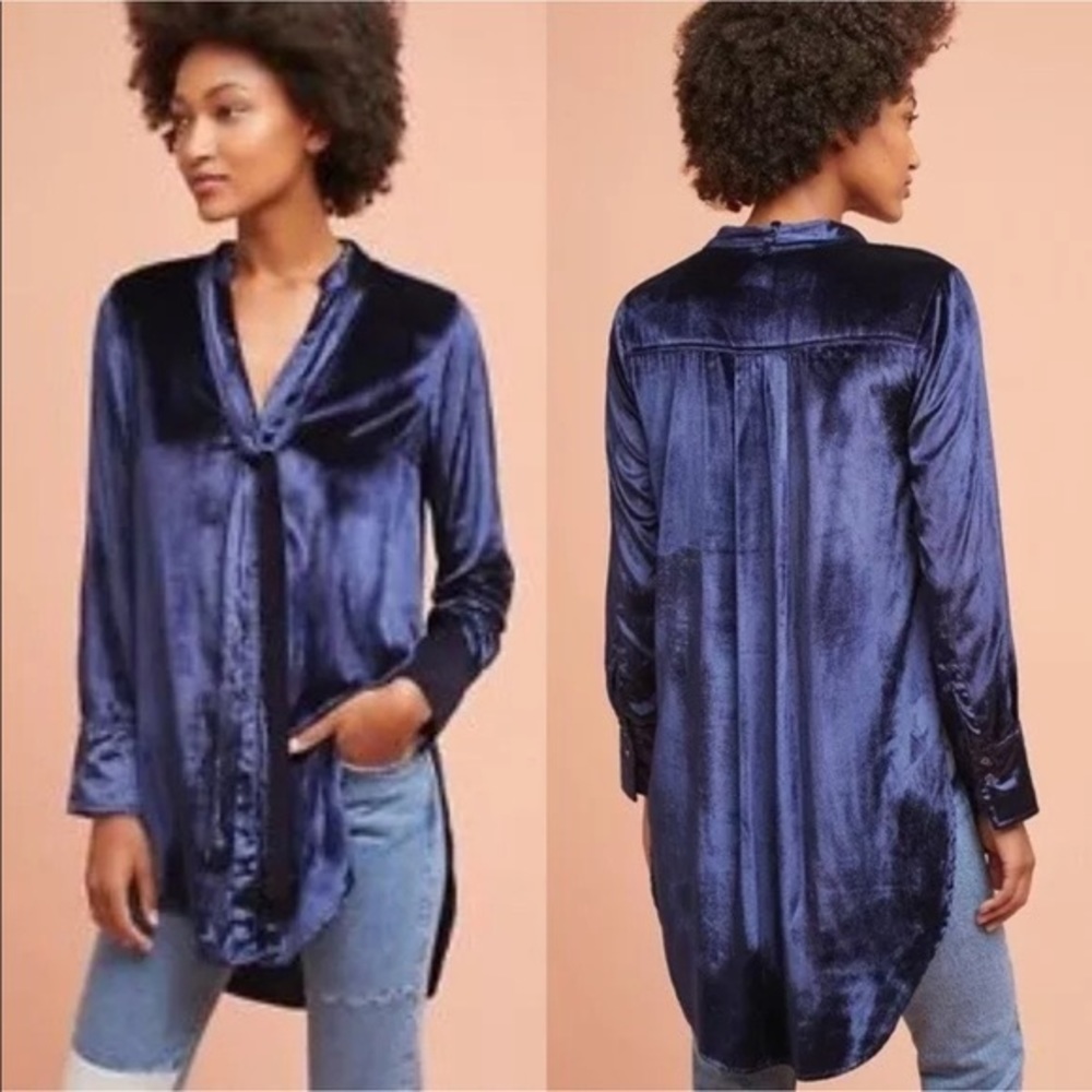 Anthro Maeve Velvet Tie-Neck Buttondown Tunic EUC